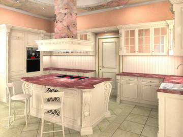 Отделка розовым мрамором – красивое украшение интерьера кухни